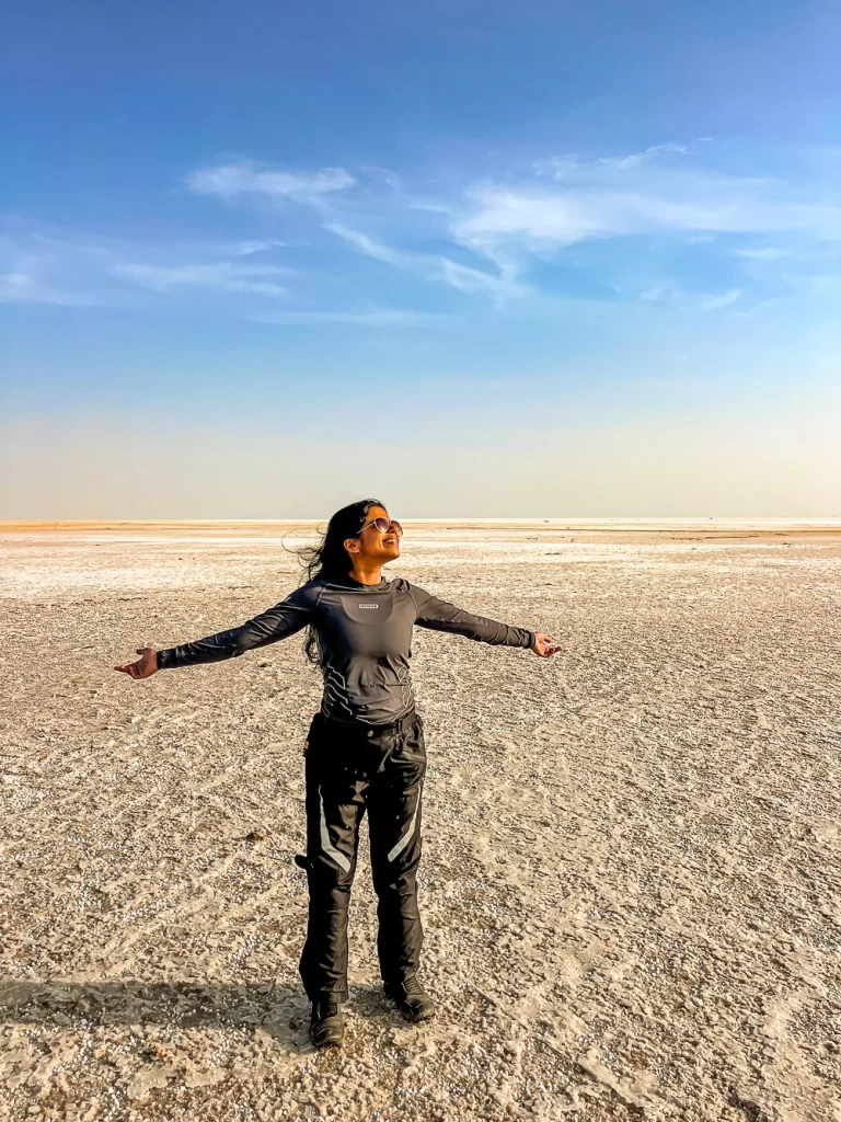 We rode to Dholavira via the famous “Road to Heaven,” surrounded by vast white salt flats stretching as far as the eye could see.